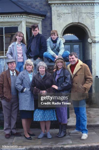 Actors Susan Tully, David Scarboro and Adam Woodyatt, with Bill Treacher, Wendy Richard, Anna Wing, Gillian Taylforth and Peter Dean pictured on the...