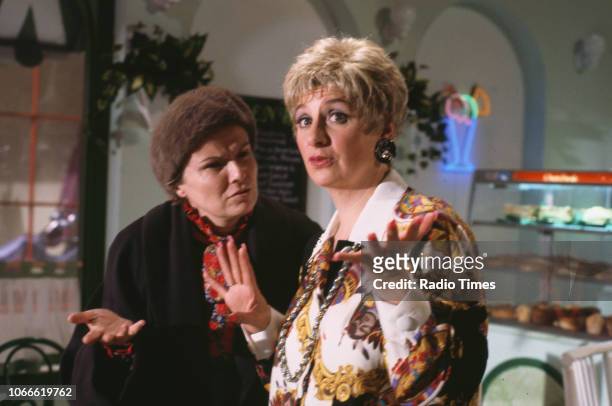 Actresses Julie Walters and Victoria Wood in a scene from the BBC television special 'Victoria Wood's All Day Breakfast', December 6th 1992.