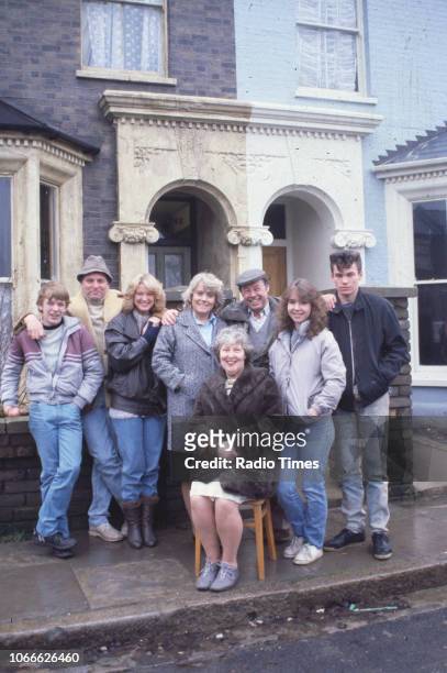 Actors Adam Woodyatt, Peter Dean, Gillian Taylforth, Wendy Richard, Anna Wing, Bill Treacher, Susan Tully and David Scarboro pictured on the exterior...