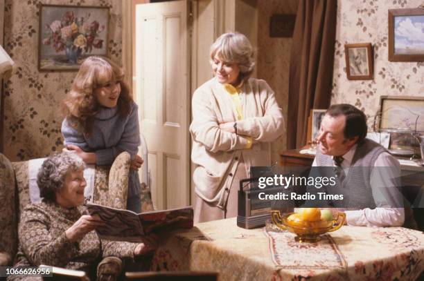 Actors Anna Wing, Susan Tully, Wendy Richard and Bill Treacher in a scene from the BBC soap opera 'EastEnders', September 26th 1986.