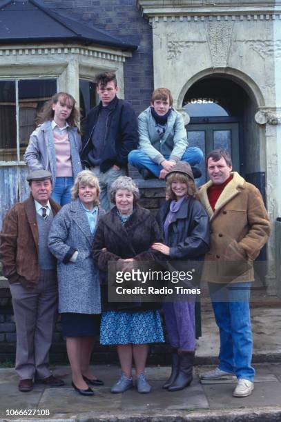 Actors Susan Tully, David Scarboro and Adam Woodyatt, with Bill Treacher, Wendy Richard, Anna Wing, Gillian Taylforth and Peter Dean pictured on the...