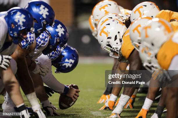 Kentucky Wildcats and Tennessee Volunteers on the line of scrimmage during the second half of the game between the Kentucky Wildcats and the...