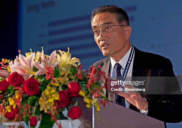 Makoto Harunari, president of Japan Maritime Center, speaks at the World Shipping Summit in Guangzhou, Guangdong province, China, on Wednesday, Nov....