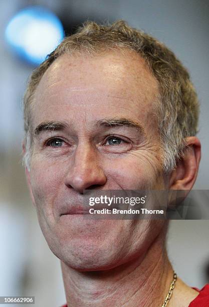 Tennis player John McEnroe of the United States look on during a media session for the Champions Downunder Tournament at Events NSW on November 10,...