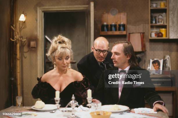 Comic actors Helen Lederer, Adrian Edmondson and Rik Mayall in a scene from episode 'Digger' of the BBC television sitcom 'Bottom', July 17th 1992.