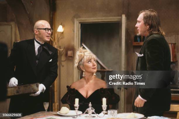 Comic actors Adrian Edmondson, Helen Lederer and Rik Mayall in a scene from episode 'Digger' of the BBC television sitcom 'Bottom', July 17th 1992.