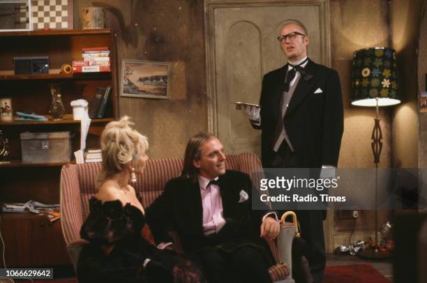 Comic actors Helen Lederer, Rik Mayall and Adrian Edmondson in a scene from episode 'Digger' of the BBC television sitcom 'Bottom', July 17th 1992.
