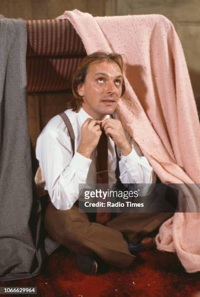 Comic actor Rik Mayall in a scene from episode 'Apocalypse' of the BBC television sitcom 'Bottom', June 21st 1991.