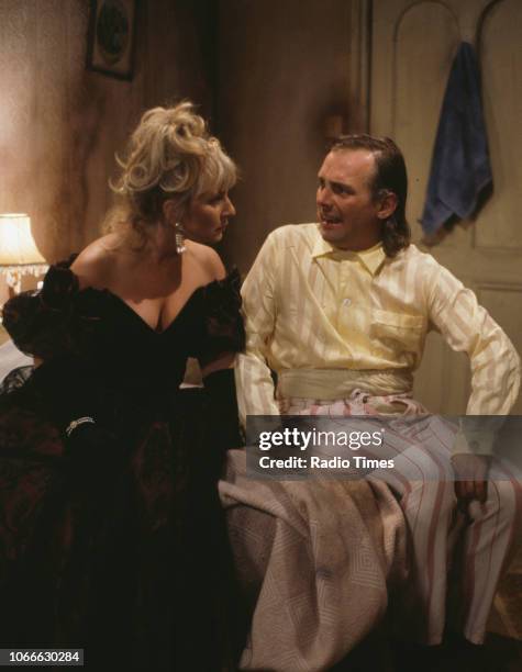 Comic actors Helen Lederer and Rik Mayall in a scene from episode 'Digger' of the BBC television sitcom 'Bottom', July 17th 1992.