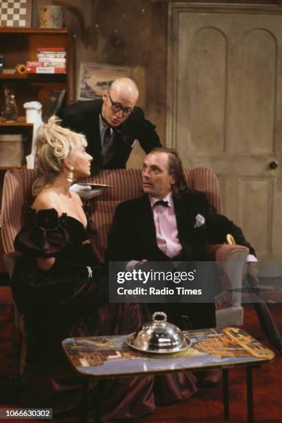 Comic actors Helen Lederer, Adrian Edmondson and Rik Mayall in a scene from episode 'Digger' of the BBC television sitcom 'Bottom', July 17th 1992.