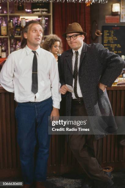 Comic actors Rik Mayall, Julia Sawalha and Adrian Edmondson from episode 'Parade' of the BBC television sitcom 'Bottom', July 3rd 1992.