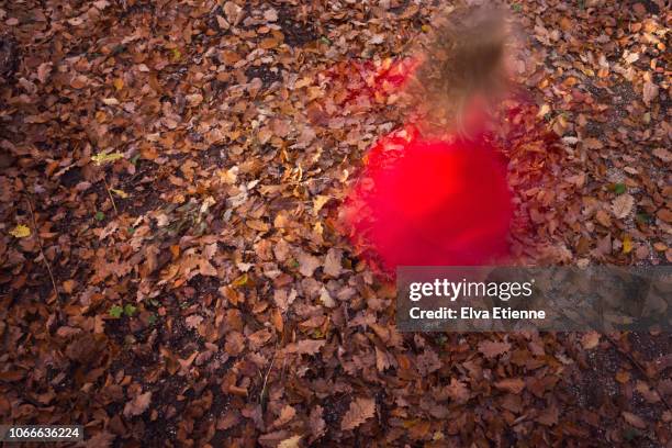 blurred motion and high angle of child in a red dress, dancing in fallen autumn leaves - german girl alone stock pictures, royalty-free photos & images