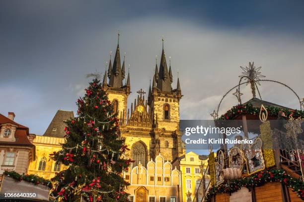 tyn church and a christmas tree in old town square in prague - prague christmas market old town stock pictures, royalty-free photos & images