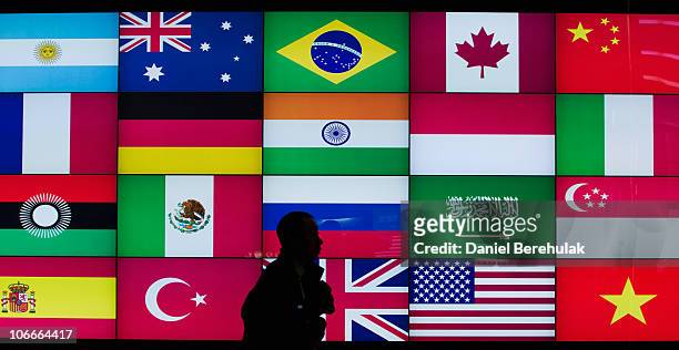 Man walks past a screen displaying flags of G20 countries inside of the COEX convention centre, the venue of the 2010 G20 Summit, on November 10,...