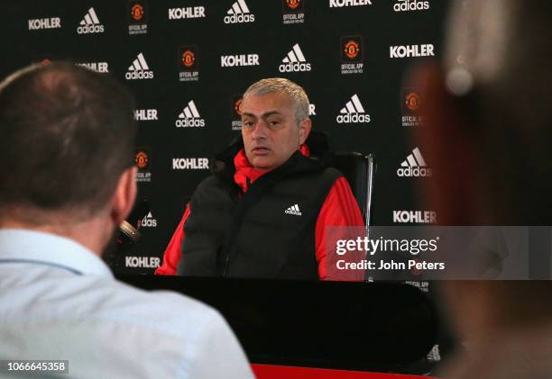 Manager Jose Mourinho speaks during a press conference at Aon Training Complex on November 30, 2018 in Manchester, England.