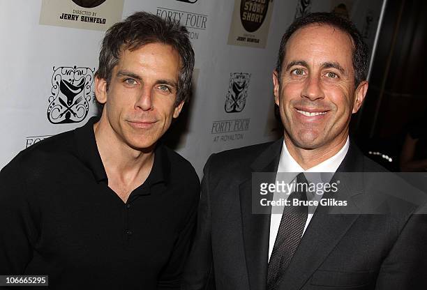 Ben Stiller and Jerry Seinfeld pose at the Opening Night After Party for "Colin Quinn Long Story Short" on Broadway at Forty Four at the Royalton on...
