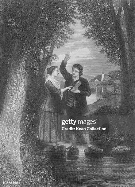 Scottish poet Robert Burns plights his troth to Mary Campbell, aka Highland Mary in a wedding ceremony over the Water of Fail in South Ayrshire,...