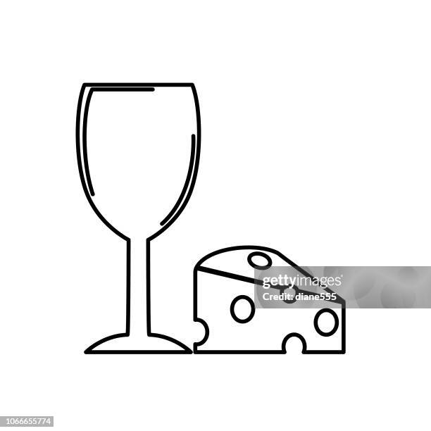 ilustrações, clipart, desenhos animados e ícones de ícones de vinho elegantes em estilo de linha preta fina - queijo