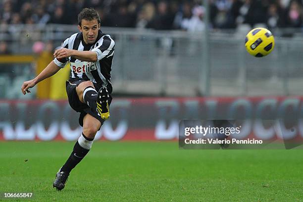 Alessandro Del Piero of Juventus FC shoots during the Serie A match between Juventus FC and AC Cesena at Olimpico Stadium on November 7, 2010 in...