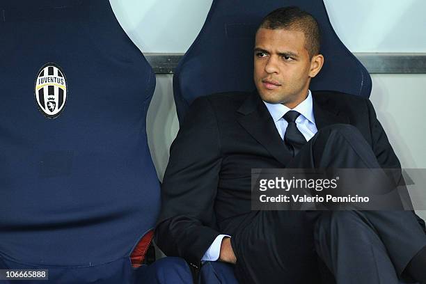 Felipe Melo of Juventus FC sits on the bench prior to the Serie A match between Juventus FC and AC Cesena at Olimpico Stadium on November 7, 2010 in...