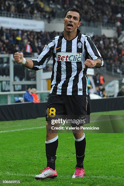 Fabio Quagliarella of Juventus FC celebrates a goal during the Serie A match between Juventus FC and AC Cesena at Olimpico Stadium on November 7,...