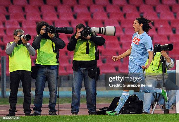 Edinson Cavani of Napoli celebrates after scoring the goal 2-0 during the Serie A match between SSC Napoli and FC Parma at Stadio San Paolo on...