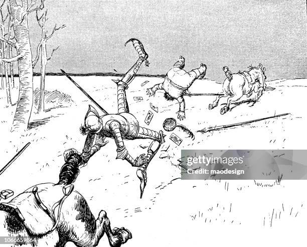 two knights fall from horses during a card game - 1896 - playing cards falling stock illustrations