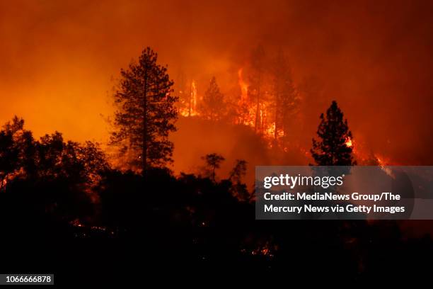 Pushed by winds late Saturday evening, November 10 the Camp Fire heats up east of Highway 70 near Yankee Hill, Calif.