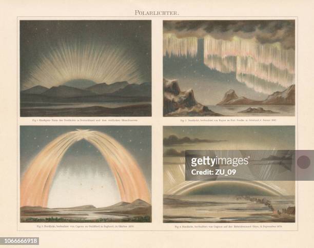 ilustrações de stock, clip art, desenhos animados e ícones de northern lights in europe, chromolithograph, published in 1897 - aurora borealis
