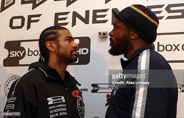 David Haye and Audley Harrison go head to head during a press conference ahead of their WBA Heavyweight Title fight at the Radisson Hotel on November...
