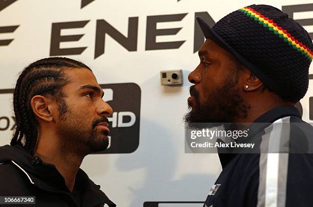 David Haye and Audley Harrison go head to head during a press conference ahead of their WBA Heavyweight Title fight at the Radisson Hotel on November...