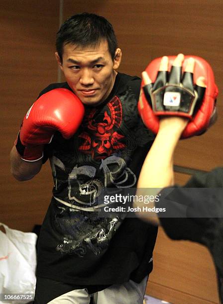 Yushin Okami of Japan works out at the UFC 122 open workouts at the Hilton Hotel on November 10, 2010 in Dusseldorf, Germany.