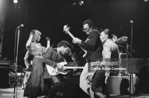 Guitarist Nile Rodgers and bassist Bernard Edwards of American R&B band Chic perform at the Apollo Manchester, 4th October 1979.