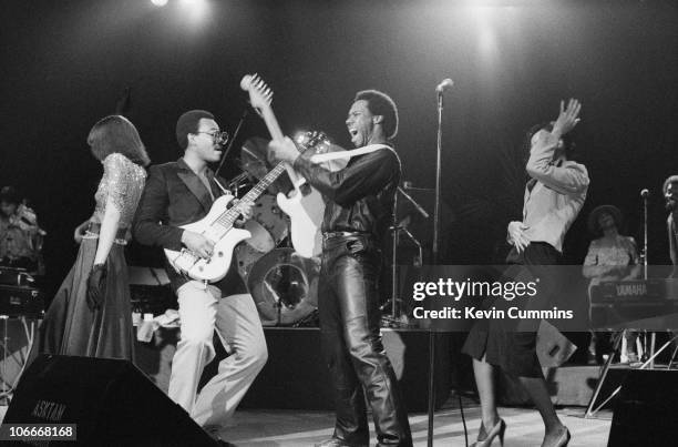 Guitarist Nile Rodgers and bassist Bernard Edwards of American R&B band Chic perform at the Apollo Manchester, 4th October 1979.