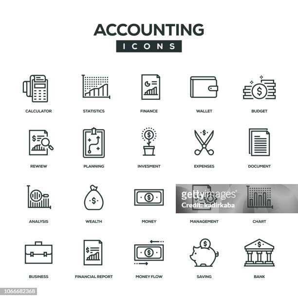 ilustraciones, imágenes clip art, dibujos animados e iconos de stock de conjunto de iconos de línea de contabilidad - contabilidad