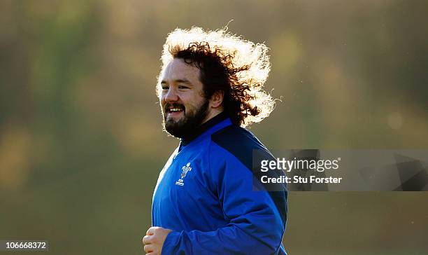 Wales prop Adam Jones in action during Wales Rugby training at Vale of Glamorgan on November 10, 2010 in Cardiff, Wales.