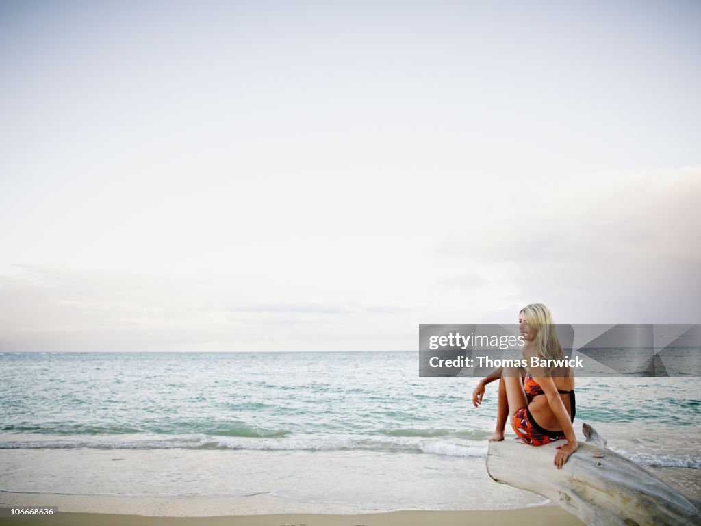 Woman sitting on log on beach watching sunrise