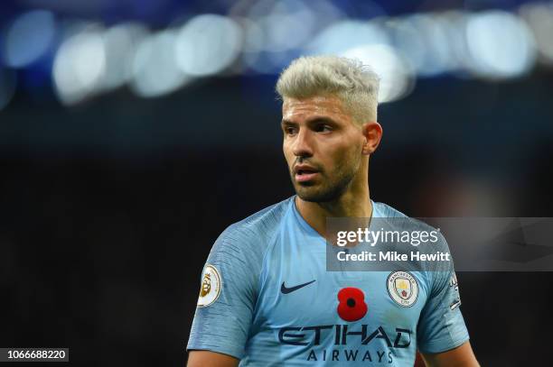 Sergio Aguero of Manchester City looks on during the Premier League match between Manchester City and Manchester United at Etihad Stadium on November...