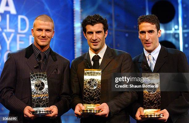 David Beckham of Manchester United, Luis Figo of Real Madrid and Raul of Real Madrid at the FIFA World Player of the Year Awards in Zurich,...