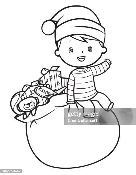 santa sack und junge - ausmalen stock-grafiken, -clipart, -cartoons und -symbole