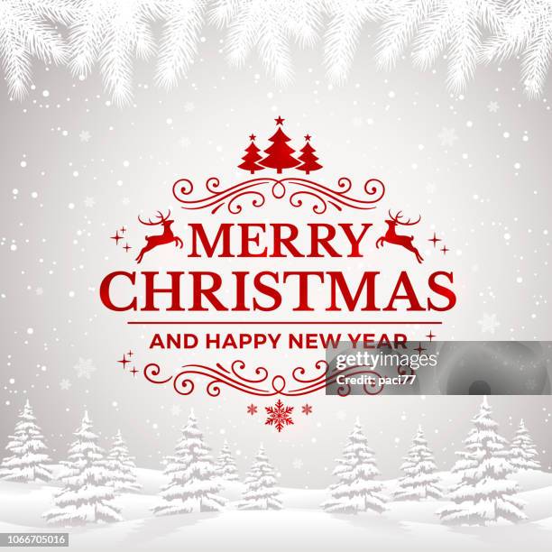 ilustrações de stock, clip art, desenhos animados e ícones de merry christmas and happy new year greeting card with winter landscape and snowflakes. - texto