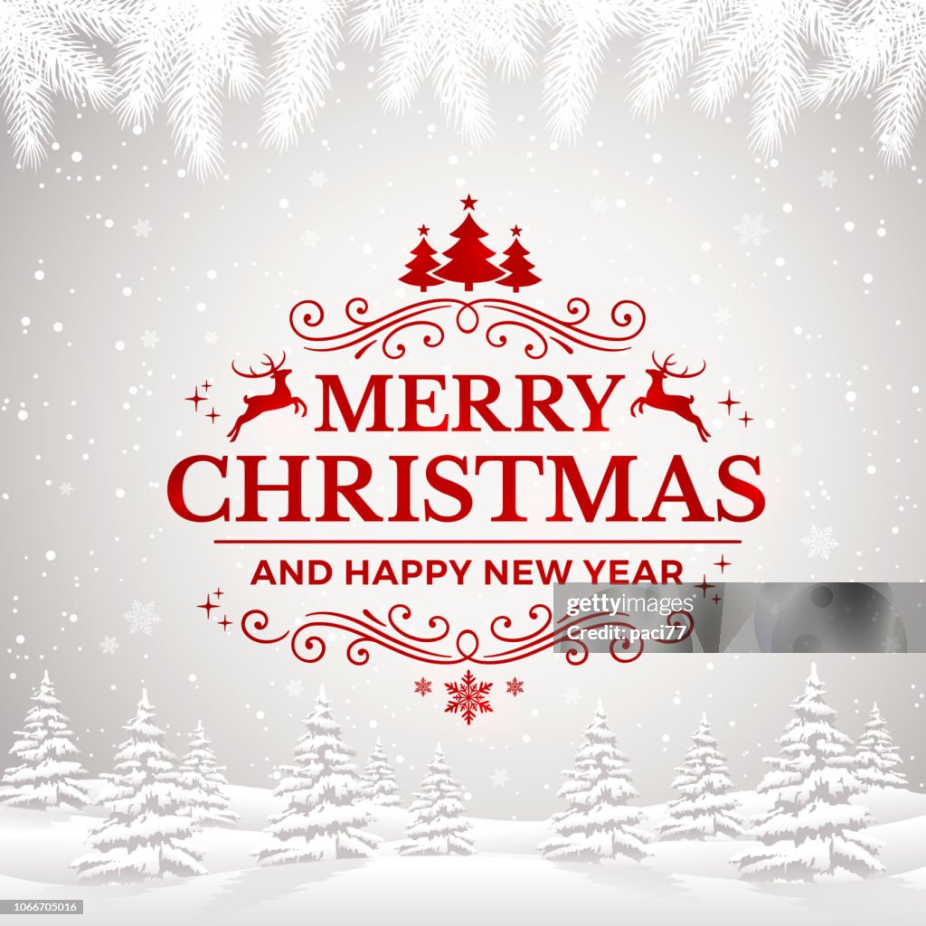 Merry Christmas and Happy New Year Greeting Card with winter landscape and snowflakes.