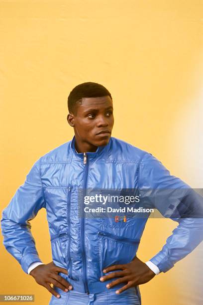 Carl Lewis of the Santa Monica Track Club waits on the awards stand during the 1984 United States Olympic Track and Field Trials at the Los Angeles...