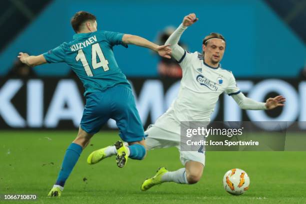 Midfielder Daler Kuzyaev of FC Zenit and defender Peter Ankersen of FC Kopenhagen during UEFA Europe League Group Stage - Group C match between FC...