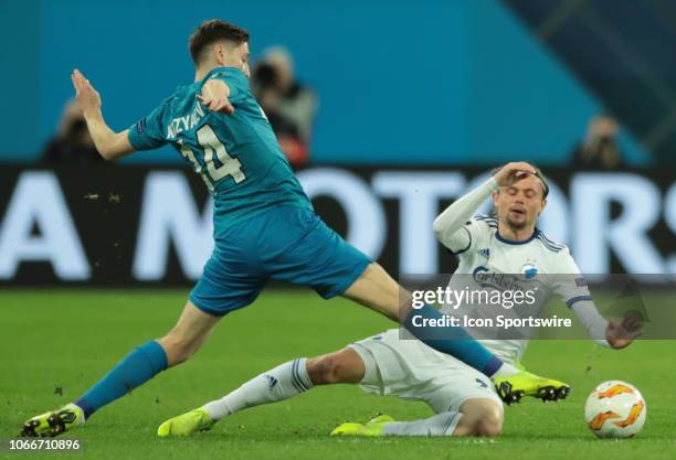 Midfielder Daler Kuzyaev of FC Zenit and defender Peter Ankersen of FC Kopenhagen during UEFA Europe League Group Stage - Group C match between FC...