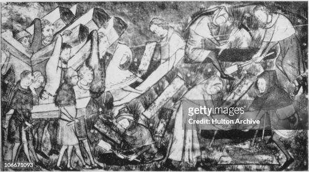 Victims of the Black Death being buried at Tournai, then part of the Netherlands, 1349. The Black Death was thought to have been an outbreak of the...