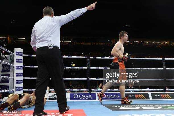 Anthony Mundine is knocked down from Jeff Horn during the River City Rumble at Suncorp Stadium on November 30, 2018 in Brisbane, Australia.