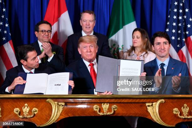 Mexico's President Enrique Pena Nieto US President Donald Trump and Canadian Prime Minister Justin Trudeau, sign a new free trade agreement in Buenos...