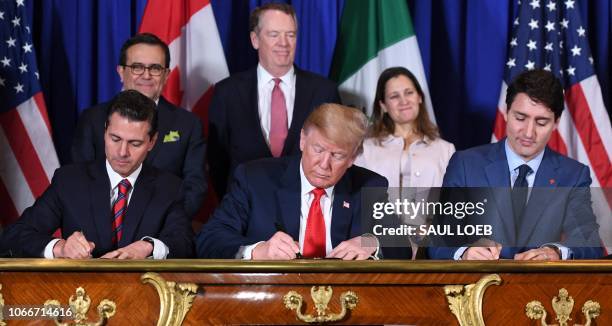 Mexico's President Enrique Pena Nieto US President Donald Trump and Canadian Prime Minister Justin Trudeau, sign a new free trade agreement in Buenos...