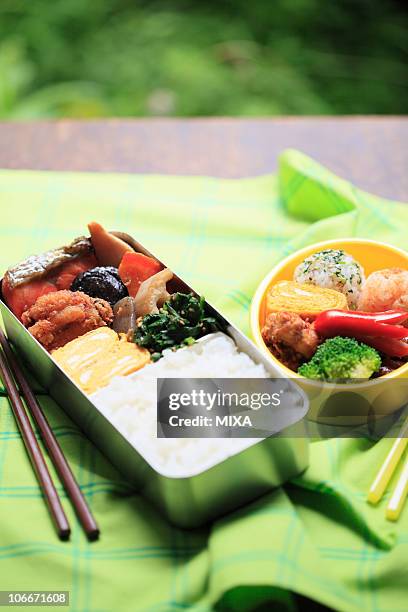 japanese cuisine lunch box - chikuzenni stock pictures, royalty-free photos & images